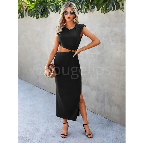 Black Cut Out Sides Ring Detail Shoulder Pad Long Dress Leg Slit - Picture 3 of 6
